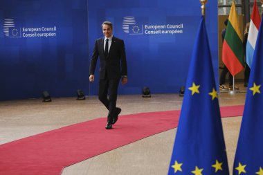 Yunanistan Başbakanı Kyriakos Mitsotakis 23 Mart 2023 'te AB' nin Brüksel 'deki genel merkezine bir AB Zirvesi için geldi.