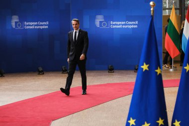 Yunanistan Başbakanı Kyriakos Mitsotakis 23 Mart 2023 'te AB' nin Brüksel 'deki genel merkezine bir AB Zirvesi için geldi.