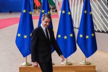 Yunanistan Başbakanı Kyriakos Mitsotakis 23 Mart 2023 'te AB' nin Brüksel 'deki genel merkezine bir AB Zirvesi için geldi.