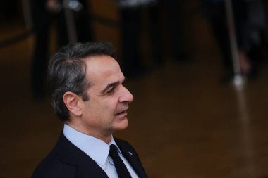 Yunanistan Başbakanı Kyriakos Mitsotakis 23 Mart 2023 'te AB' nin Brüksel 'deki genel merkezine bir AB Zirvesi için geldi.