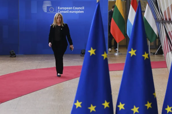 Premier Ministre Italien Giorgia Meloni Arrive Pour Sommet Siège Bruxelles — Photo