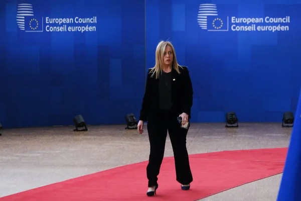 Italy Prime Minister Giorgia Meloni Arrives Summit Headquarters Brussels March — Stock Photo, Image