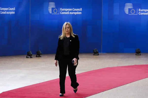 Прем Міністр Італії Джорджія Мелоні Прибуває Саміт Штаб Квартирі Брюсселі — стокове фото