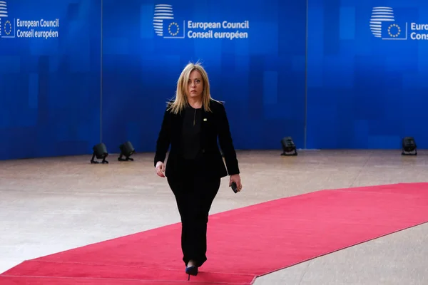 Italský Premiér Giorgia Meloni Přijíždí Summit Sídla Bruselu Března 2023 — Stock fotografie