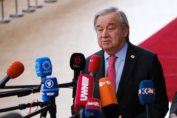U.N. Secretary-General Antonio Guterres  and President of the European Council Charles Michel arrive for a EU Summit, at the EU headquarters in Brussels, on March 23, 2023. 