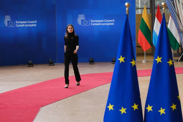 stock image Finland's Prime Minister Sanna Marin arrives for a EU Summit, at the EU headquarters in Brussels, on March 23, 2023.