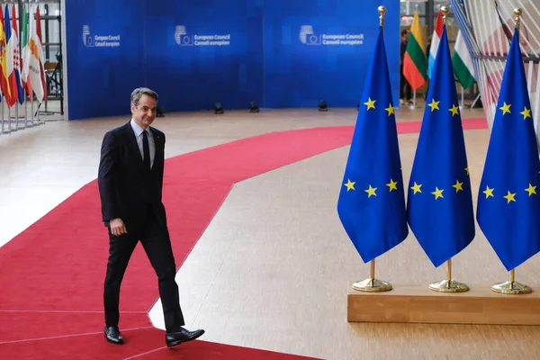 Kyriakos Mitsotakis Görög Miniszterelnök 2023 Március Érkezik Meg Brüsszeli Székhelyére — Stock Fotó