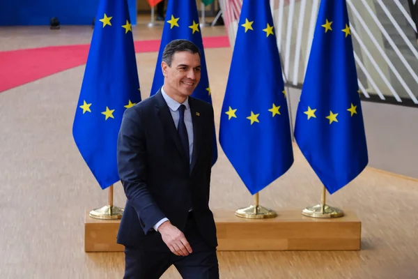 stock image Spain's Prime Minister Pedro Sanchez arrives for a EU Summit, at the EU headquarters in Brussels, on March 23, 2023.