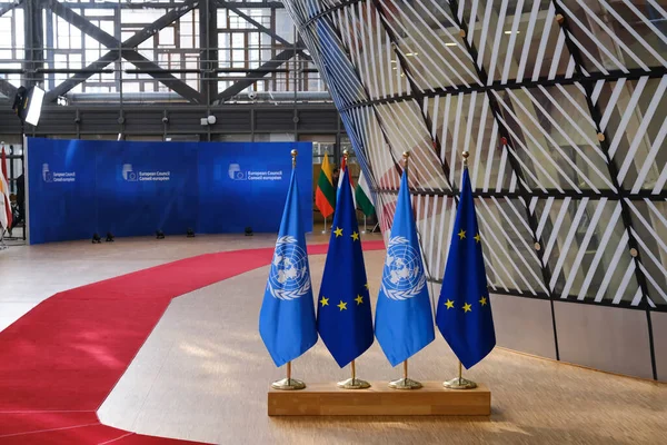 Banderas Onu Sede Del Consejo Europeo Bruselas Bélgica Marzo 2023 — Foto de Stock