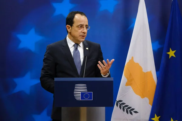 stock image Cypriot President Nikos Christodoulides gives a presser on the results of the  EU Summit, at the EU headquarters in Brussels, Belgium on March 24, 2023.