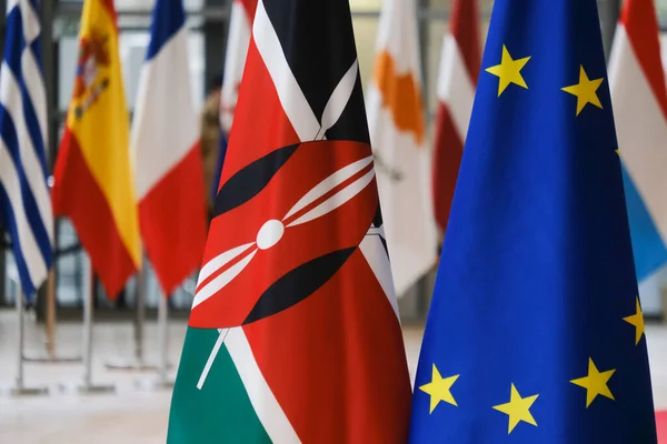 Kenyan Flags Stand Prior Meeting European Council Building Brussels Belgium — Stock Photo, Image