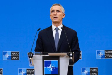 NATO Genel Sekreteri Jens Stoltenberg 3 Nisan 2023 'te Brüksel, Belçika' daki NATO genel merkezinde düzenlediği basın toplantısında konuştu..