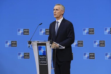 NATO Genel Sekreteri Jens Stoltenberg 3 Nisan 2023 'te Brüksel, Belçika' daki NATO genel merkezinde düzenlediği basın toplantısında konuştu..