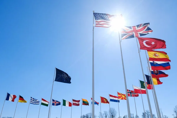 Las Banderas Nacionales Los Países Miembros Otan Ondean Fuera Sede — Foto de Stock