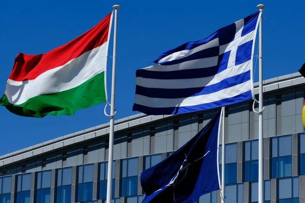 Flagi Narodowe Państw Należących Nato Pływają Poza Siedzibą Organizacji Brukseli — Zdjęcie stockowe
