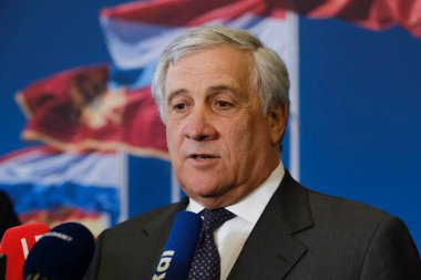 Antonio Tajani, Foreign Affairs Minister addresses a media conference during a meeting of NATO foreign ministers at NATO headquarters in Brussels, Belgium on  April 5, 2023. clipart