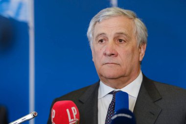 Dışişleri Bakanı Antonio Tajani, NATO dışişleri bakanlarının 5 Nisan 2023 'te Brüksel, Belçika' daki NATO genel merkezinde yaptıkları toplantıda basın toplantısında bir konuşma yaptı..