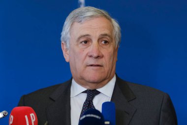 Dışişleri Bakanı Antonio Tajani, NATO dışişleri bakanlarının 5 Nisan 2023 'te Brüksel, Belçika' daki NATO genel merkezinde yaptıkları toplantıda basın toplantısında bir konuşma yaptı..
