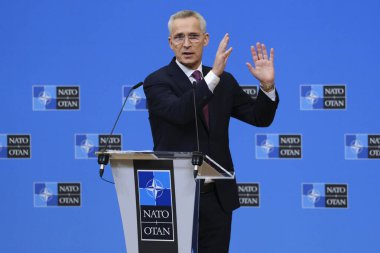 NATO Genel Sekreteri Jens Stoltenberg, NATO dışişleri bakanlarının 5 Nisan 2023 'te Brüksel, Belçika' daki NATO genel merkezinde yaptıkları toplantıda basın konferansına seslendi..