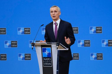 NATO Genel Sekreteri Jens Stoltenberg, NATO dışişleri bakanlarının 5 Nisan 2023 'te Brüksel, Belçika' daki NATO genel merkezinde yaptıkları toplantıda basın konferansına seslendi..