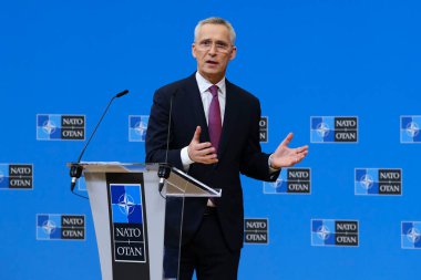 NATO Secretary General Jens Stoltenberg addresses a media conference during a meeting of NATO foreign ministers at NATO headquarters in Brussels, Belgium on  April 5, 2023. clipart