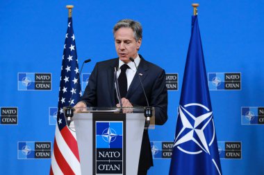 United States Secretary of State Antony Blinken addresses a media conference during a meeting of NATO foreign ministers at NATO headquarters in Brussels, Belgium on  April 5, 2023. clipart