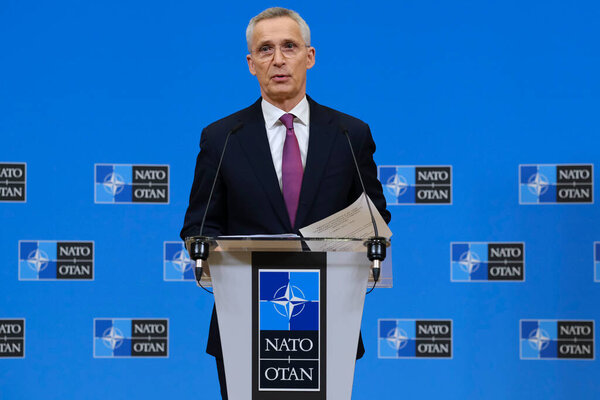 NATO Secretary General Jens Stoltenberg addresses a media conference during a meeting of NATO foreign ministers at NATO headquarters in Brussels, Belgium on  April 5, 2023.