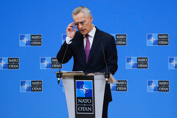 NATO Secretary General Jens Stoltenberg addresses a media conference during a meeting of NATO foreign ministers at NATO headquarters in Brussels, Belgium on  April 5, 2023.