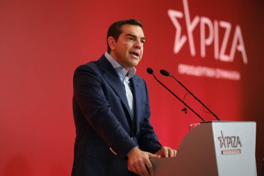 Yunanistan 'ın ana muhalefet Radikal Sol Koalisyonu (Syriza) parti lideri Alexis Tsipras, 9 Nisan 2023' te Atina, Yunanistan 'daki SYRIZA Merkez Komitesi toplantısında bir konuşma yaptı. 