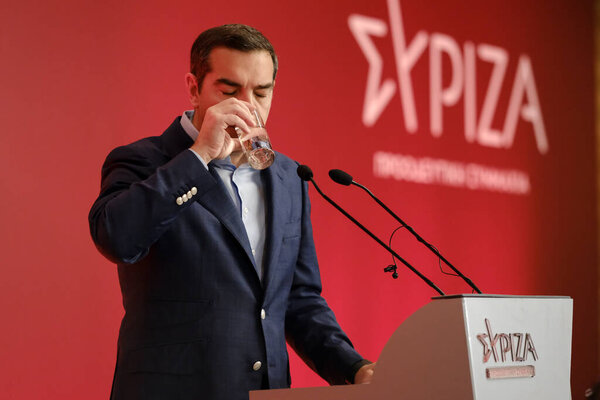 Greece's main opposition Coalition of the Radical Left (Syriza) party leader Alexis Tsipras delivers a speech  in meeting of the SYRIZA Central Committee, in Athens, Greece on April 9, 2023 
