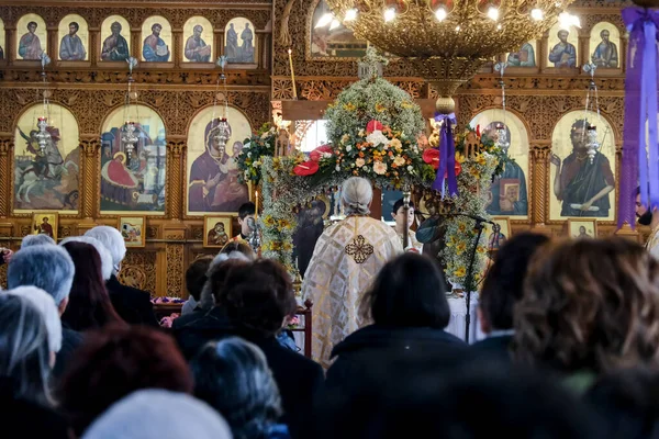 stock image Orthodox faithful take part in a ceremony of the Deposition of Jesus Christ on Orthodox Christian Good Friday in Platy, Greece on April 14, 2023
