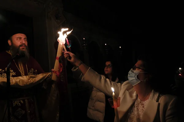 Orthodox Christian Priest Holds Candles Easter Vigil Mass Church Saint — Stock Photo, Image