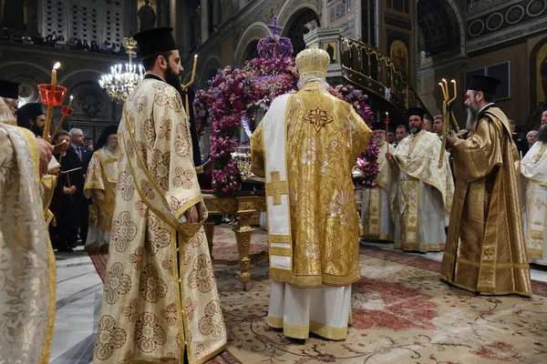 Ortodox Keresztény Hívek Vesznek Részt Epitáf Litánia Nagypéntek Délután Athénban — Stock Fotó