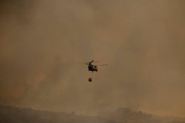 6 Ağustos 2021 'de Yunanistan' ın Attica kentinde, Maraton Gölü 'nden çıkan yangın söndürme sırasında bir helikopter suyla doluyor..