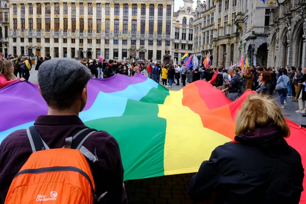 People Carry Large Rainbow Flag Belgian Pride Manifestation Lesbian Gay — стоковое фото