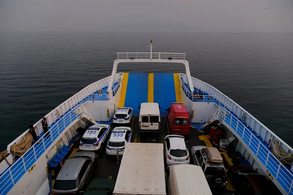 Ferry Que Cruza Desde Continente Isla Eubea Grecia Agosto 2021 — Foto de Stock