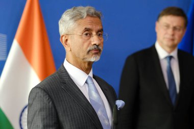 Hindistan Dışişleri Bakanı S. Jathe, 16 Mayıs 2023 'te Brüksel, Belçika' daki AB genel merkezinde düzenlenen AB-Hindistan Ticaret ve Teknoloji Konseyi basın toplantısında basın mensuplarına seslendi.