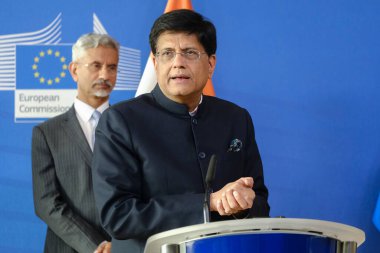 Hindistan Ticaret ve Sanayi Bakanı Piyuş Goyal, 16 Mayıs 2023 'te Belçika' nın Brüksel kentinde düzenlenen AB-Hindistan Ticaret ve Teknoloji Konseyi basın toplantısında basın mensuplarına seslendi.