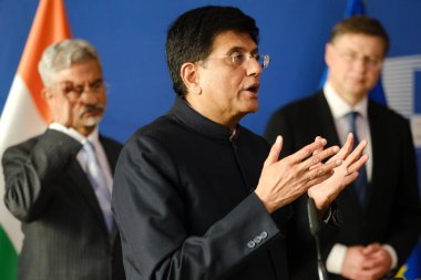 Hindistan Ticaret ve Sanayi Bakanı Piyuş Goyal, 16 Mayıs 2023 'te Belçika' nın Brüksel kentinde düzenlenen AB-Hindistan Ticaret ve Teknoloji Konseyi basın toplantısında basın mensuplarına seslendi.