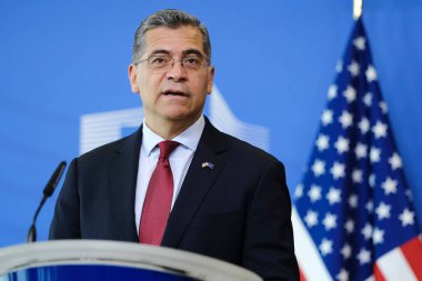 EU commissioner for Health Stella Kyriakides and Xavier Becerra, US Secretary of Health and Human Services speak during a press conference at the EU headquarters in Brussels, Belgium on May 17, 2023.  clipart