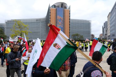 23 Mayıs 2023 'te Brüksel, Belçika' da AB 'nin tarım politikasına karşı AB Komisyonu ofisleri önünde protesto eylemleri yapan Avrupalı çiftlik hayvanları ve çiftçiler.