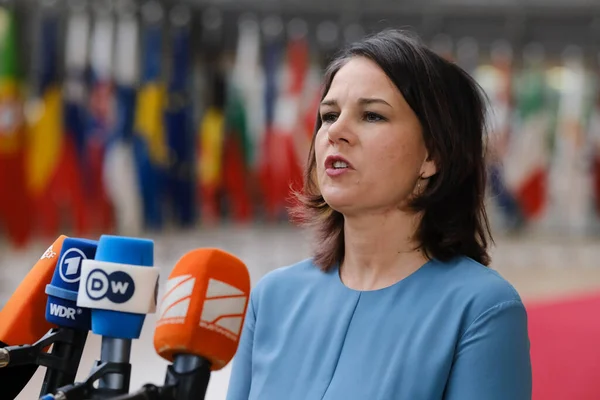 stock image Annalena BAERBOCK, Federal Minister for Foreign Affairs of Germany arrives to attend in a meeting of EU foreign ministers, at the European Council in Brussels, Belgium on May 22, 2023.