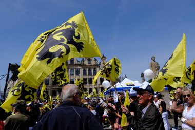 Flaman aşırı sağ partisi Vlaams Belang 'ın destekçileri 29 Mayıs 2023' te Brüksel, Belçika 'da düzenlenen bir protesto sırasında Flandre' nin bayraklarını sallıyorlar..