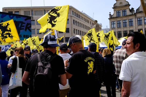 Flaman aşırı sağ partisi Vlaams Belang 'ın destekçileri 29 Mayıs 2023' te Brüksel, Belçika 'da düzenlenen bir protesto sırasında Flandre' nin bayraklarını sallıyorlar..