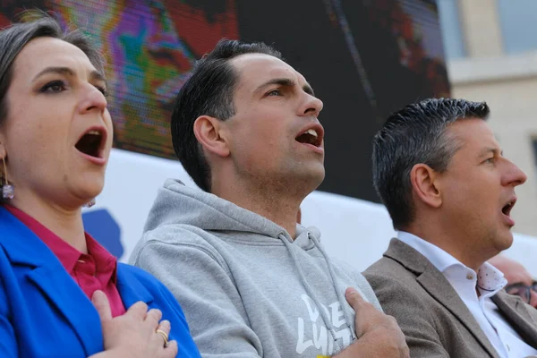 stock image Vlaams Belang chairman Tom Van Grieken delivers a speech at a protest meeting of Flemish far-right party Vlaams Belang in Brussels, Belgium on May 29, 2023.