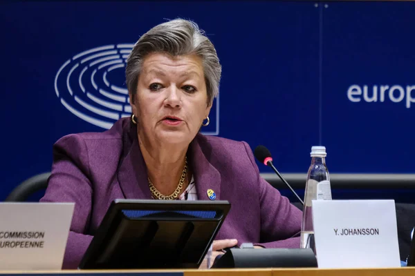 stock image Margaritis SCHINAS, Vice-President of European Commission and Ylva JOHANSSON, European Commissioner attend in a European Parliament's Committee LIBE in Brussels, Belgium on June 5, 2023.