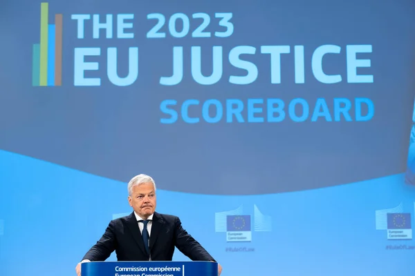 stock image Press conference by European Commissioner Didier REYNDERS on the 2023 EU justice scoreboard in Brussels, Belgium on June 8, 2023.