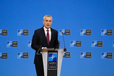 NATO Genel Sekreteri Jens Stoltenberg, NATO savunma bakanlarının 16 Haziran 2023 'te Brüksel, Belçika' daki NATO genel merkezinde yaptıkları toplantı sonrasında basın toplantısında konuştu..