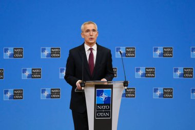 NATO Genel Sekreteri Jens Stoltenberg, NATO savunma bakanlarının 16 Haziran 2023 'te Brüksel, Belçika' daki NATO genel merkezinde yaptıkları toplantı sonrasında basın toplantısında konuştu..