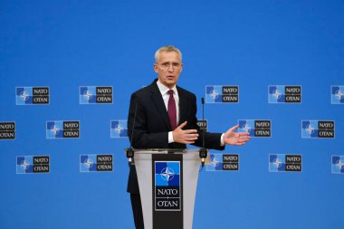 NATO Genel Sekreteri Jens Stoltenberg, NATO savunma bakanlarının 16 Haziran 2023 'te Brüksel, Belçika' daki NATO genel merkezinde yaptıkları toplantı sonrasında basın toplantısında konuştu..